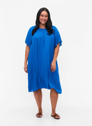 Viscose dress with short sleeves, Victoria blue, Model image number 2