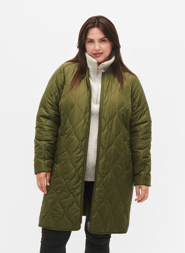 Long quilted jacket with pockets and zipper, Winter Moss, Model image number 0