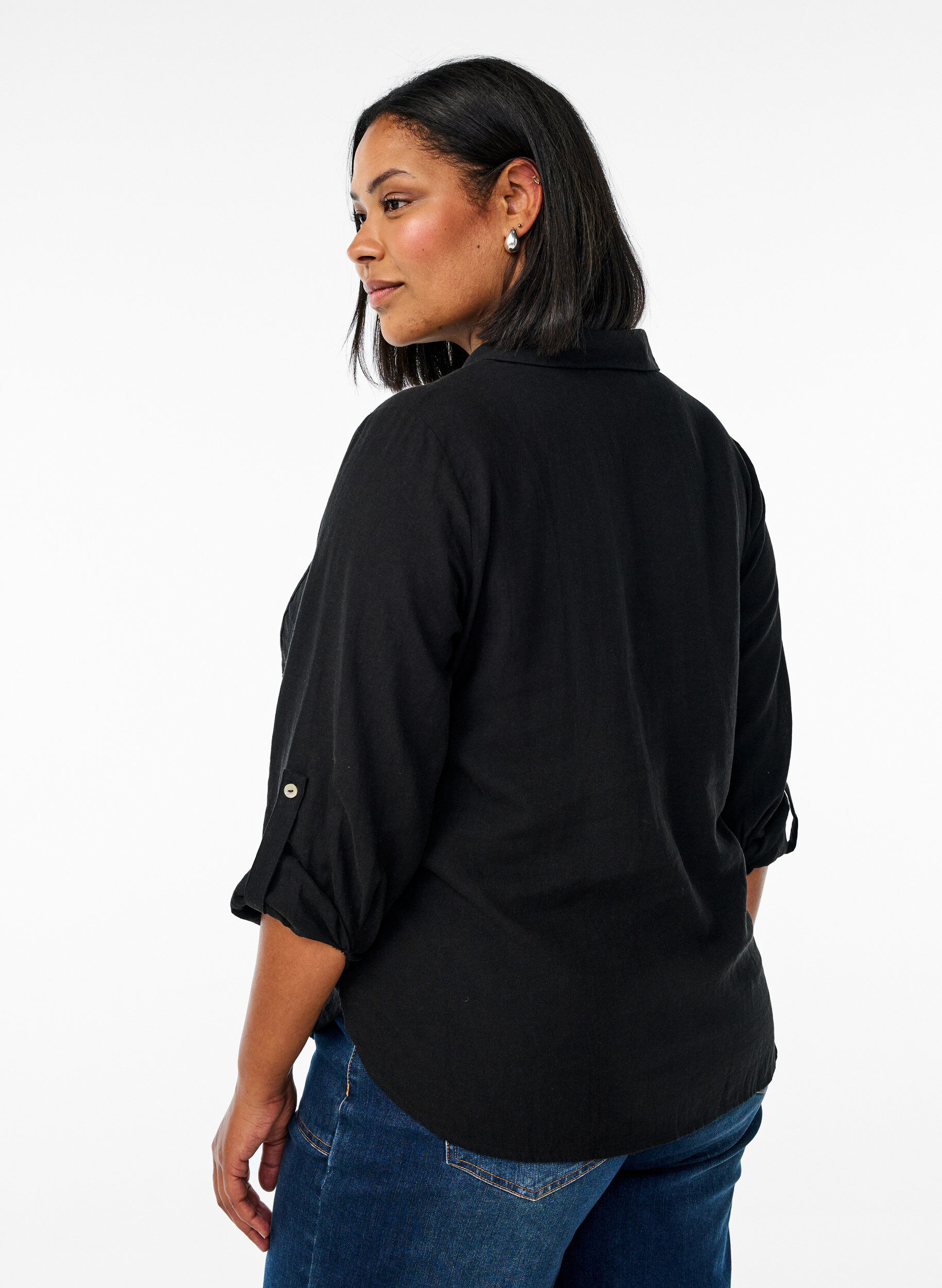 Zizzifashion Shirt in linen and viscose with 3/4 sleeves, Black, Model image number 2