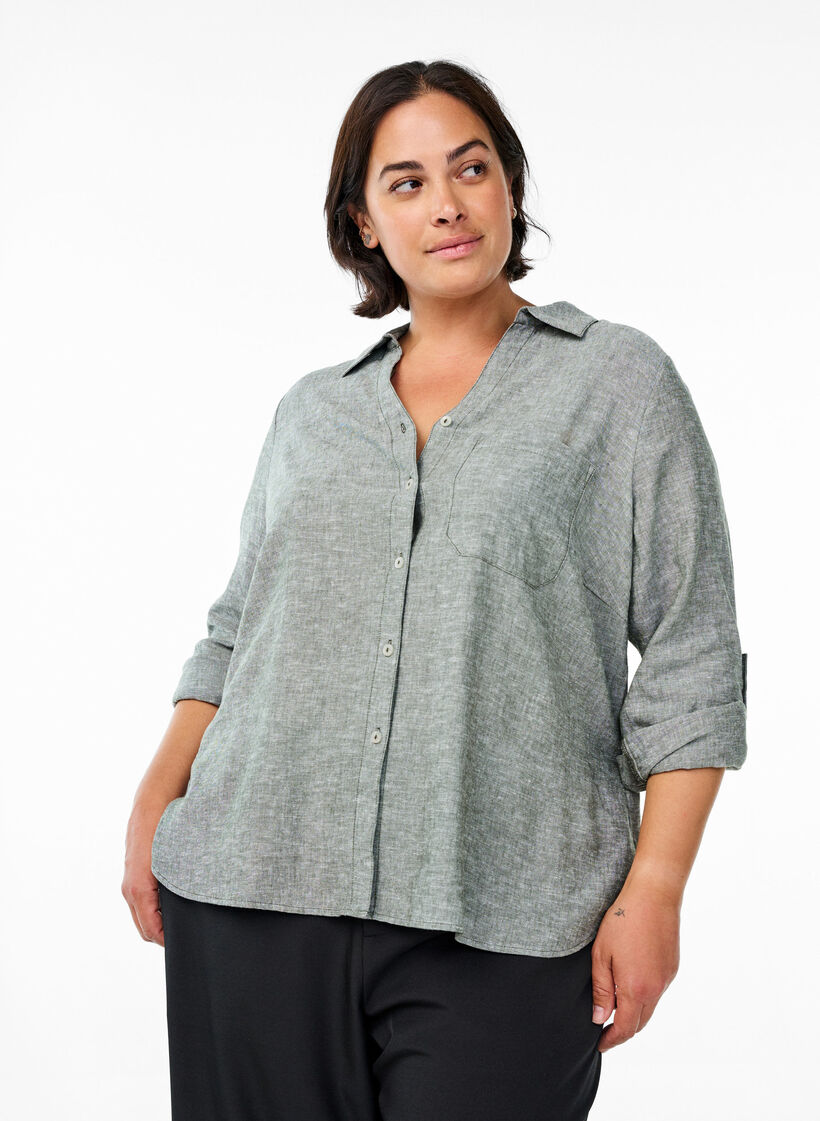 Shirt in linen and viscose with 3/4 sleeves, Green, Model image number 0