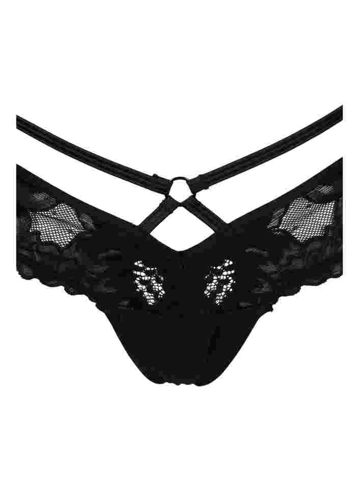 Lace thong with string and mesh, Black, Packshot image number 2