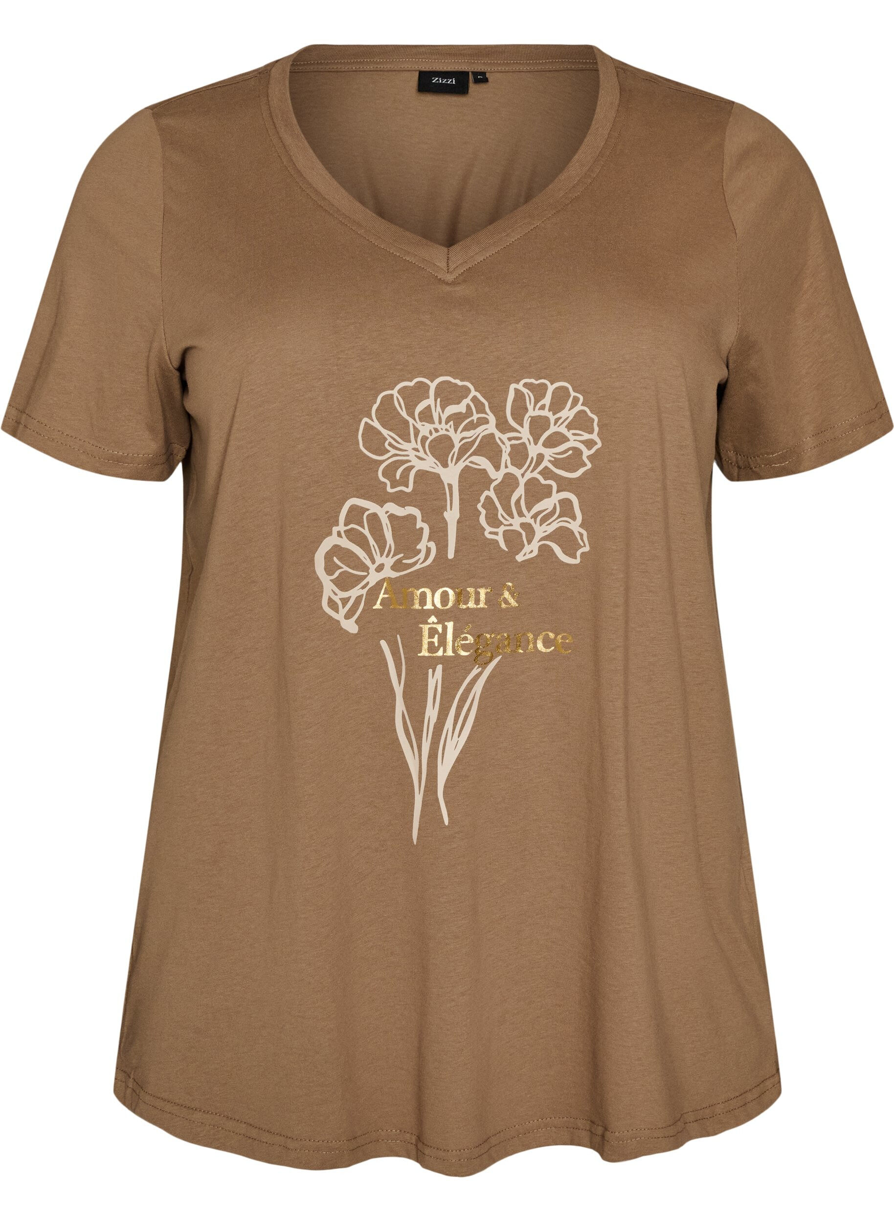 ZizzifashionCotton T-shirt with front print and V-neck, Brown, Packshot image number 0