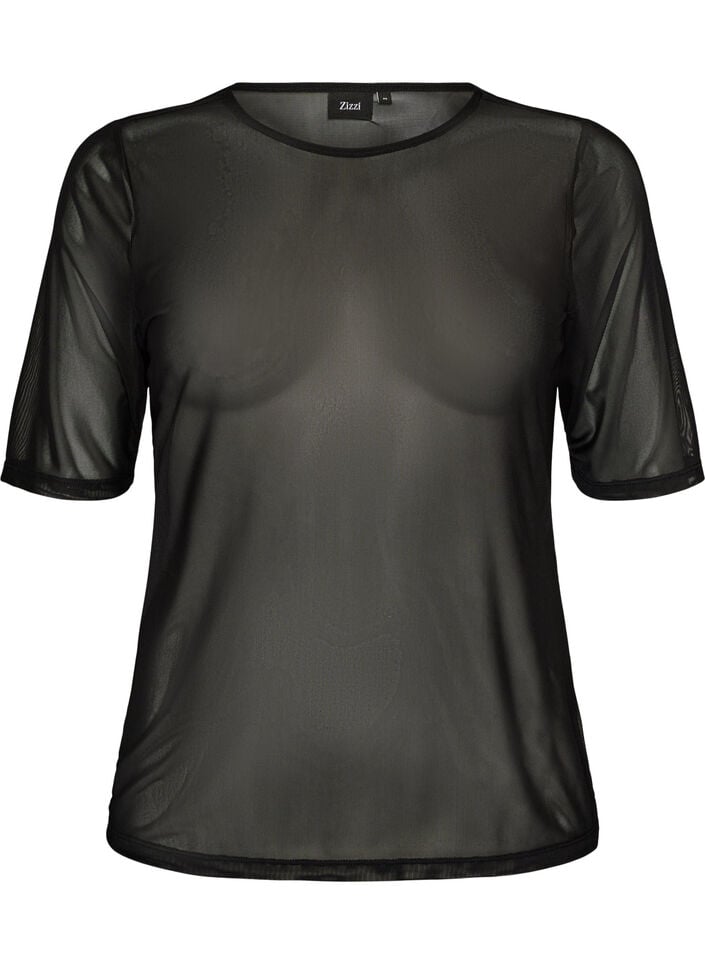 Mesh top with short sleeves and round neck, Black, Packshot image number 0