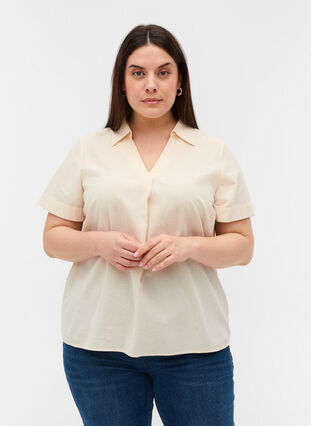 Short-sleeved cotton blouse with v-neck and collar, Mother Of Pearl, Model image number 0