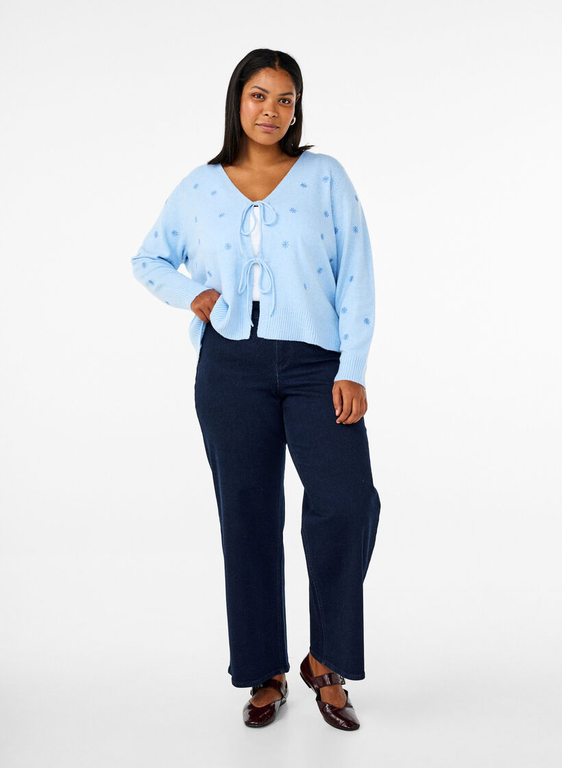 Knitted cardigan with tie details and embroidery, Cashmere Blue Comb, Model image number 2