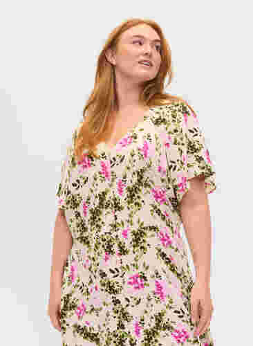 Buttoned down midi dress in viscose, Green Pink AOP, Model image number 2