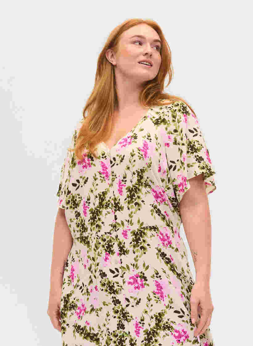Buttoned down midi dress in viscose, Green Pink AOP, Model image number 2