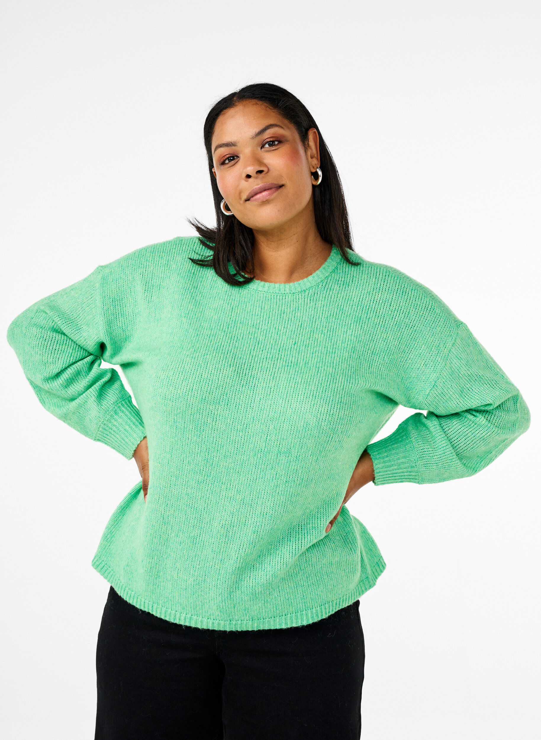 Zizzifashion Long-sleeved knitted jumper with wool and a round neck, Light G. Green Mel., Model image number 0
