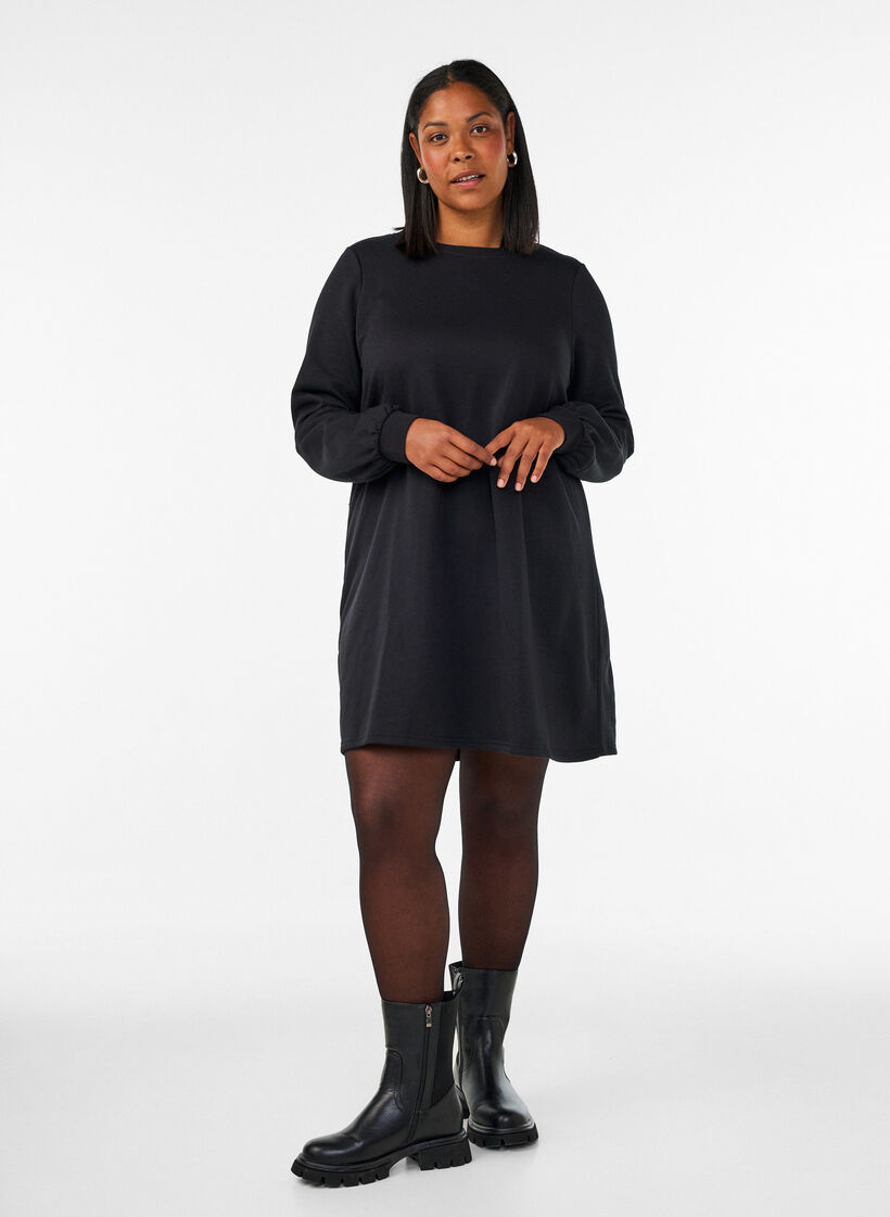 Short sweat dress with balloon sleeves, Black, Model image number 1