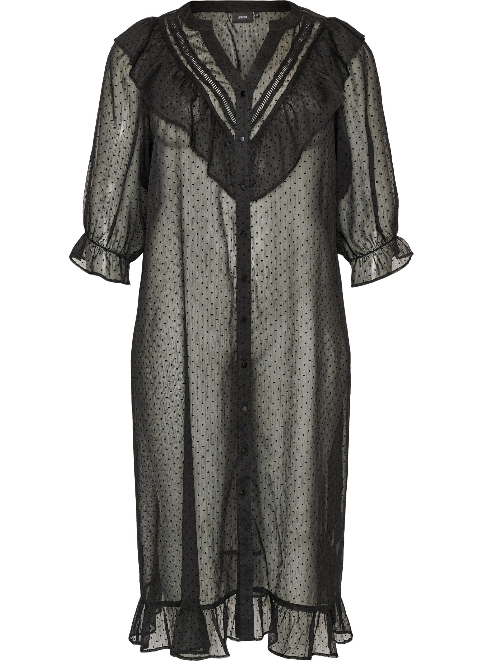 Midi dress in a lightweight, sheer fabric with dots and ruffles