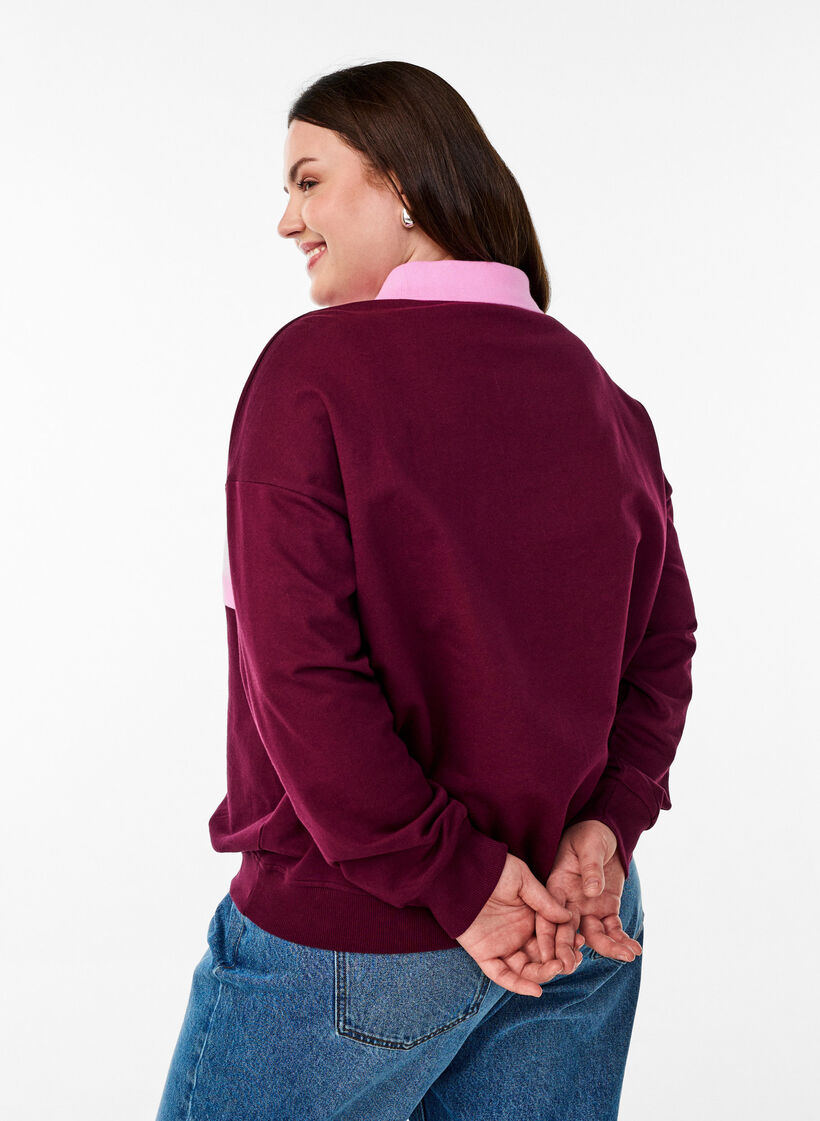 Organic cotton sweatshirt with collar and contrast print, Dark Bordeaux, Model image number 2