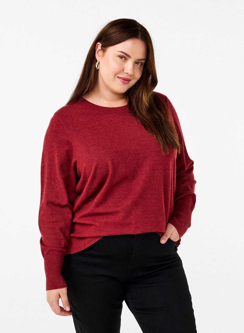 Knitted blouse with a round neck, Red, Model image number 0