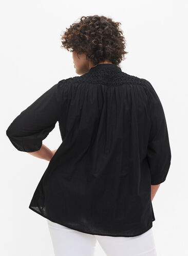 Cotton blouse with 3/4 sleeves and smock, Black, Model image number 1