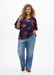 Blouse with rose print and short balloon sleeves, Blue, Model image number 1