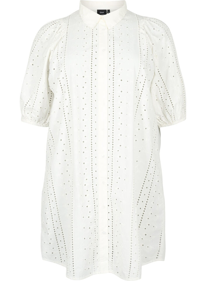Cotton shirt dress with broderie anglaise, Off White, Packshot image number 0