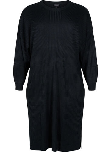Oversized Knit Dress with Slit, Black, Packshot image number 0