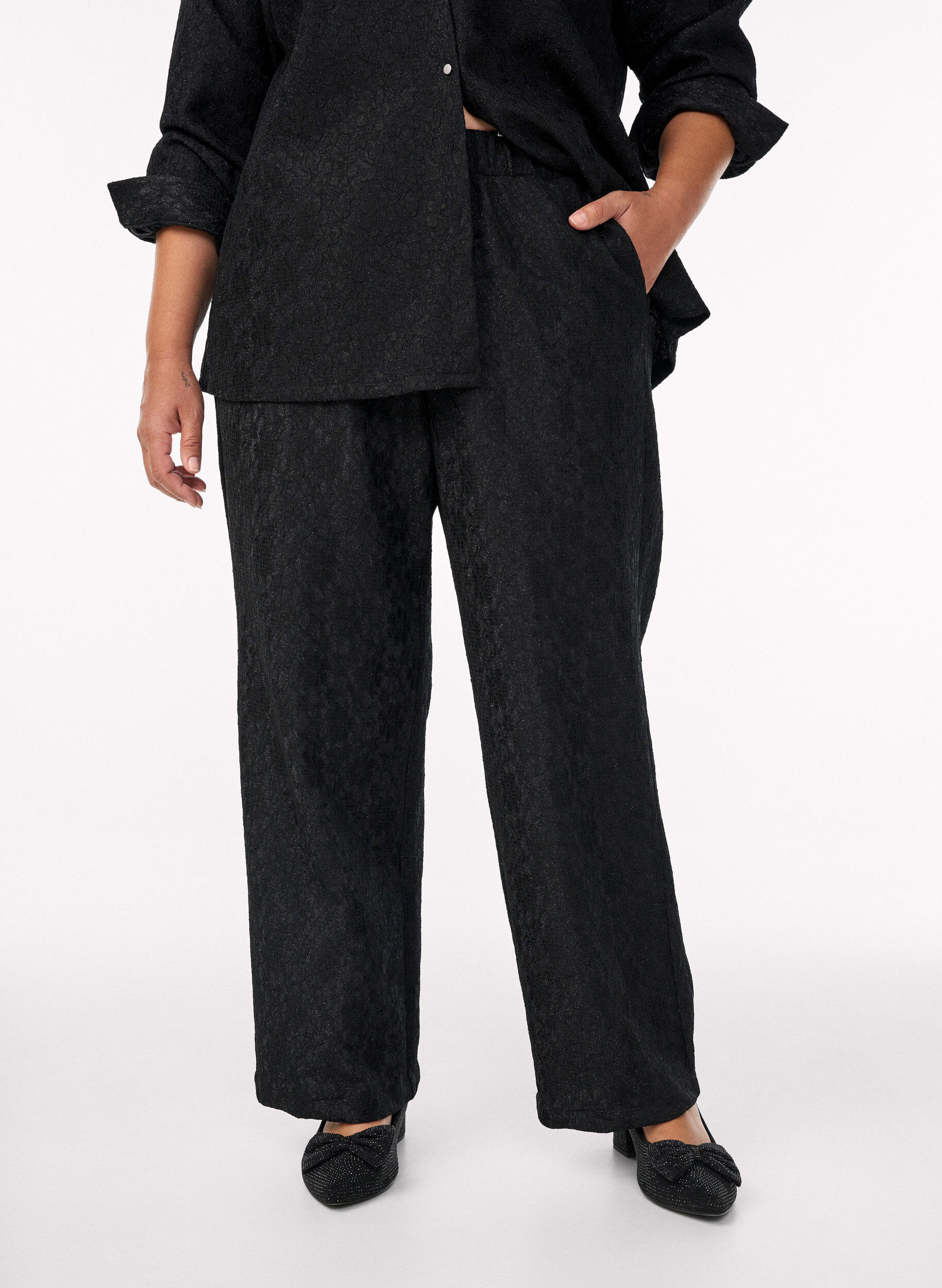 Zizzifashion Trousers with a lace texture and glitter thread, Black, Model image number 2