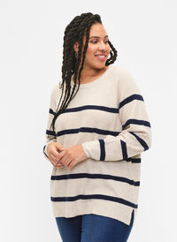 Rib-knit sweater with stripes, P.Stone/Navy.B.Mel., Model