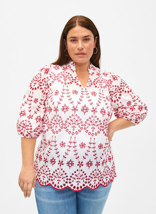 3/4 sleeve blouse with contrasting anglais embroidery, White w. Red, Model image number 0