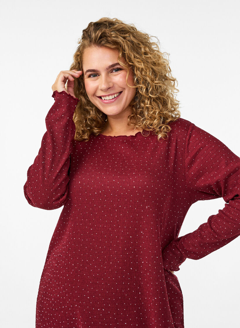 Dress with rhinestones and scalloped edges, Dark Bordeaux, Model image number 3