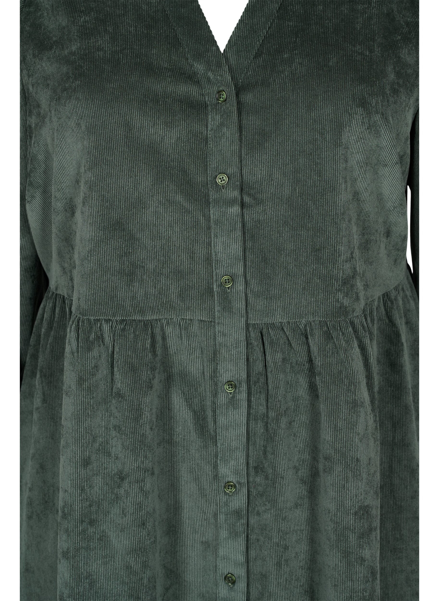 Zizzifashion Velvet dress with 3/4-length sleeves and buttons, Deep Forest, Packshot image number 2