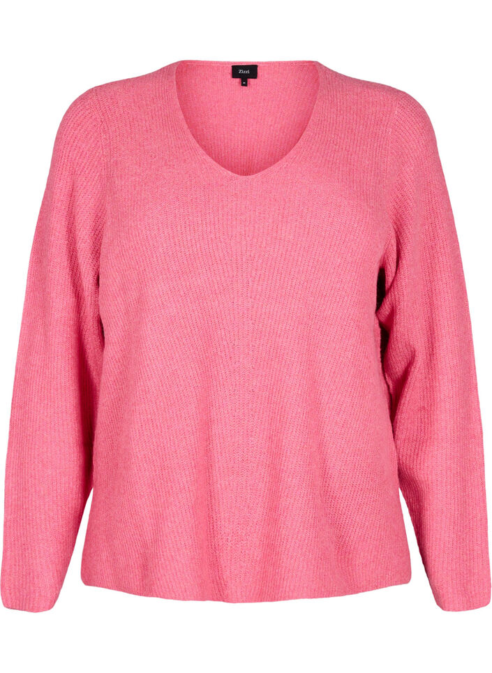 Knitted blouse with v-neck and long sleeves, Bubblegum Wh. Mel., Packshot image number 0
