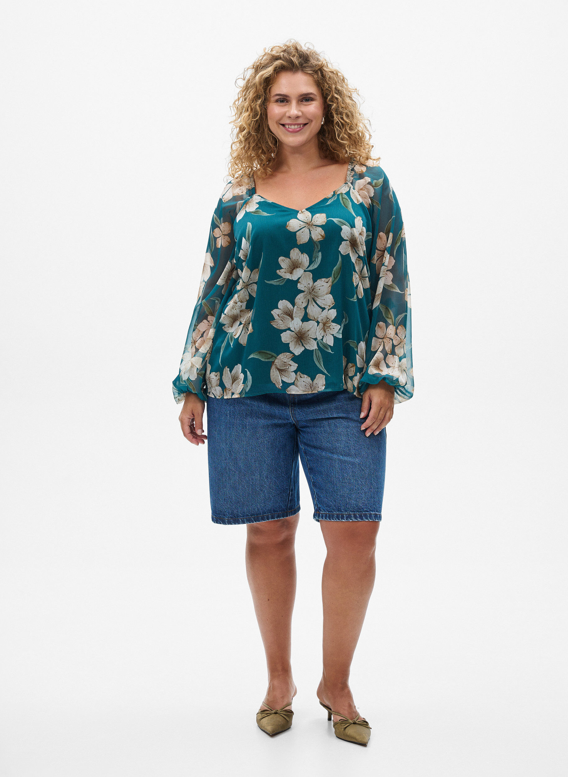 ZizzifashionChiffon blouse with floral print and long sleeves, Green, Model image number 1