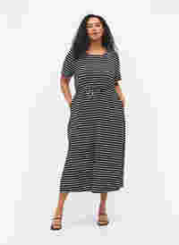 Striped midi dress in cotton with short sleeves, Black Stripe, Model