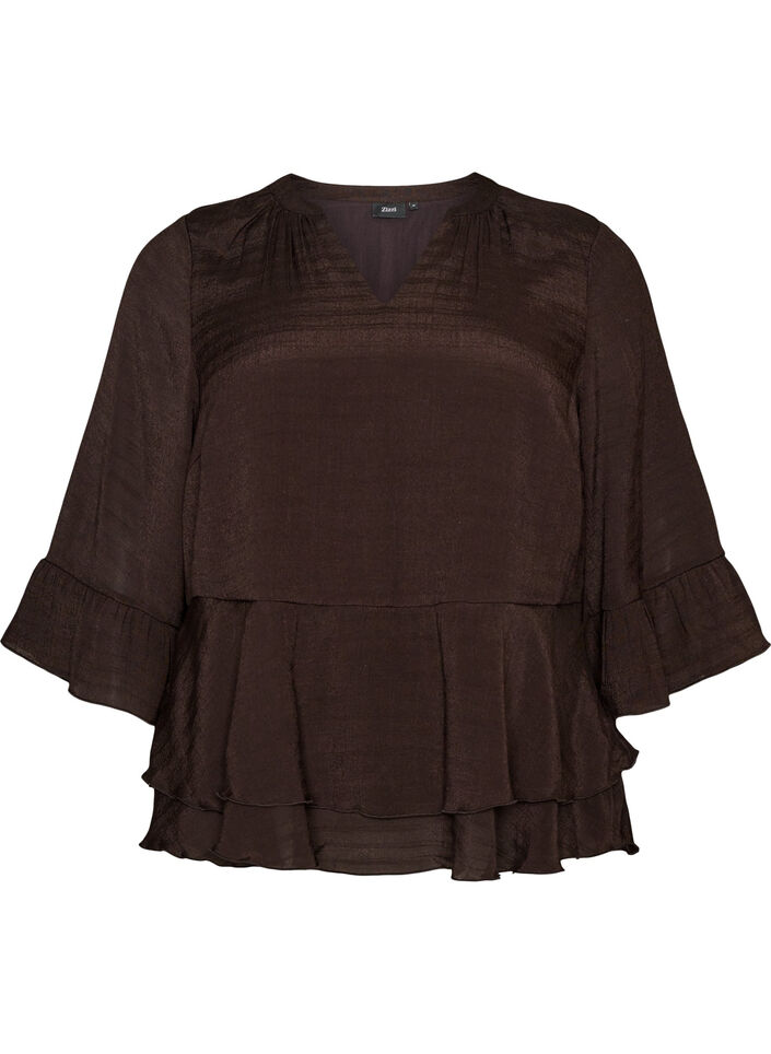 Blouse with 3/4-sleeves and ruffle details, Brown, Packshot image number 0