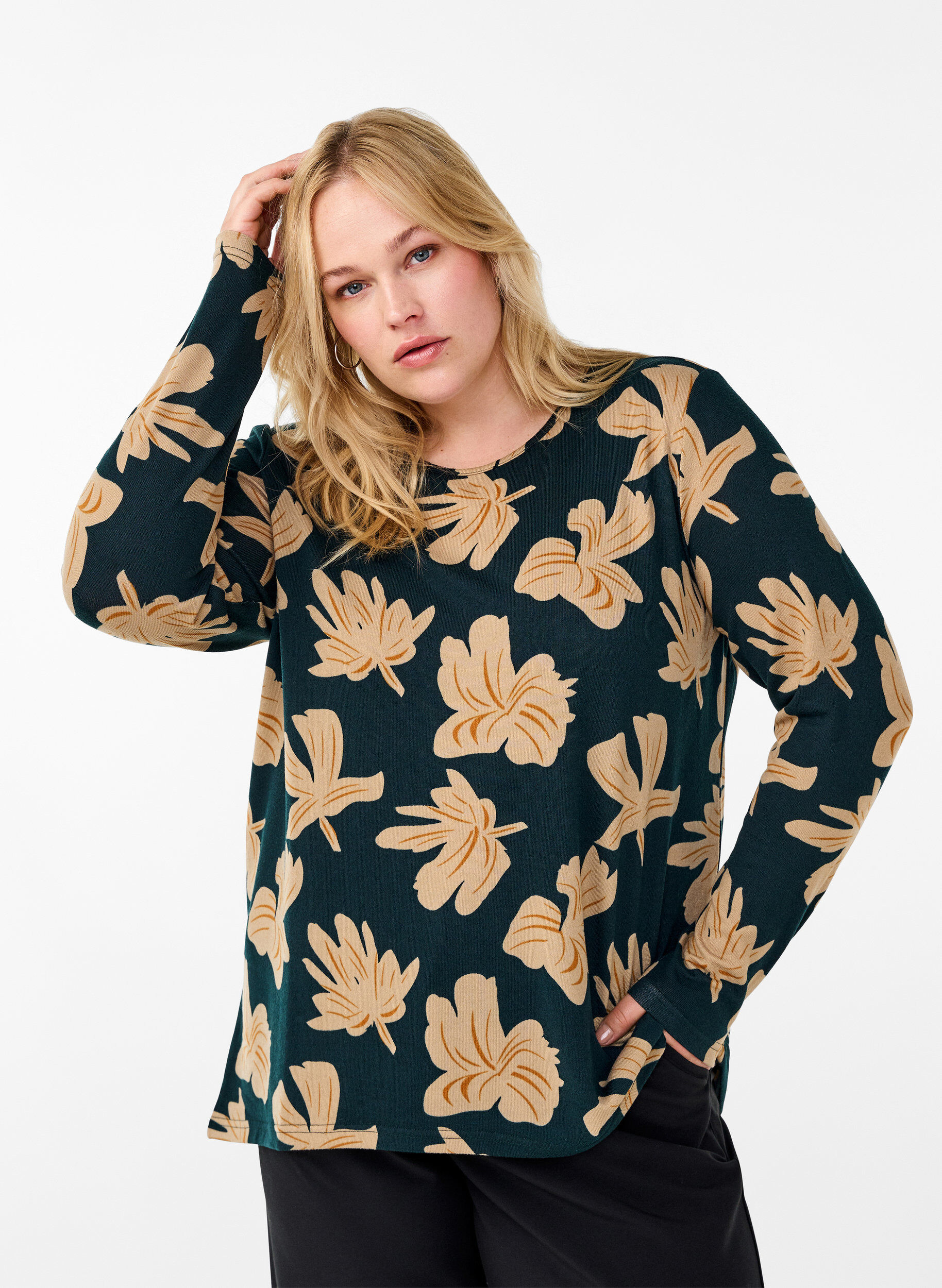 Zizzifashion Patterned blouse with long sleeves, Green, Model image number 0