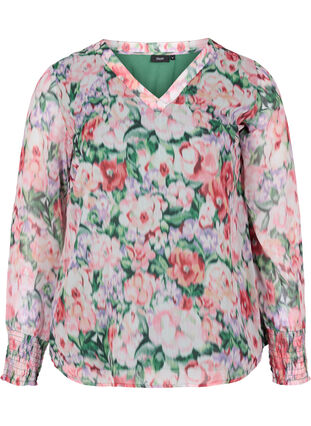 Floral blouse with long sleeves and smock, Flower AOP, Packshot image number 0