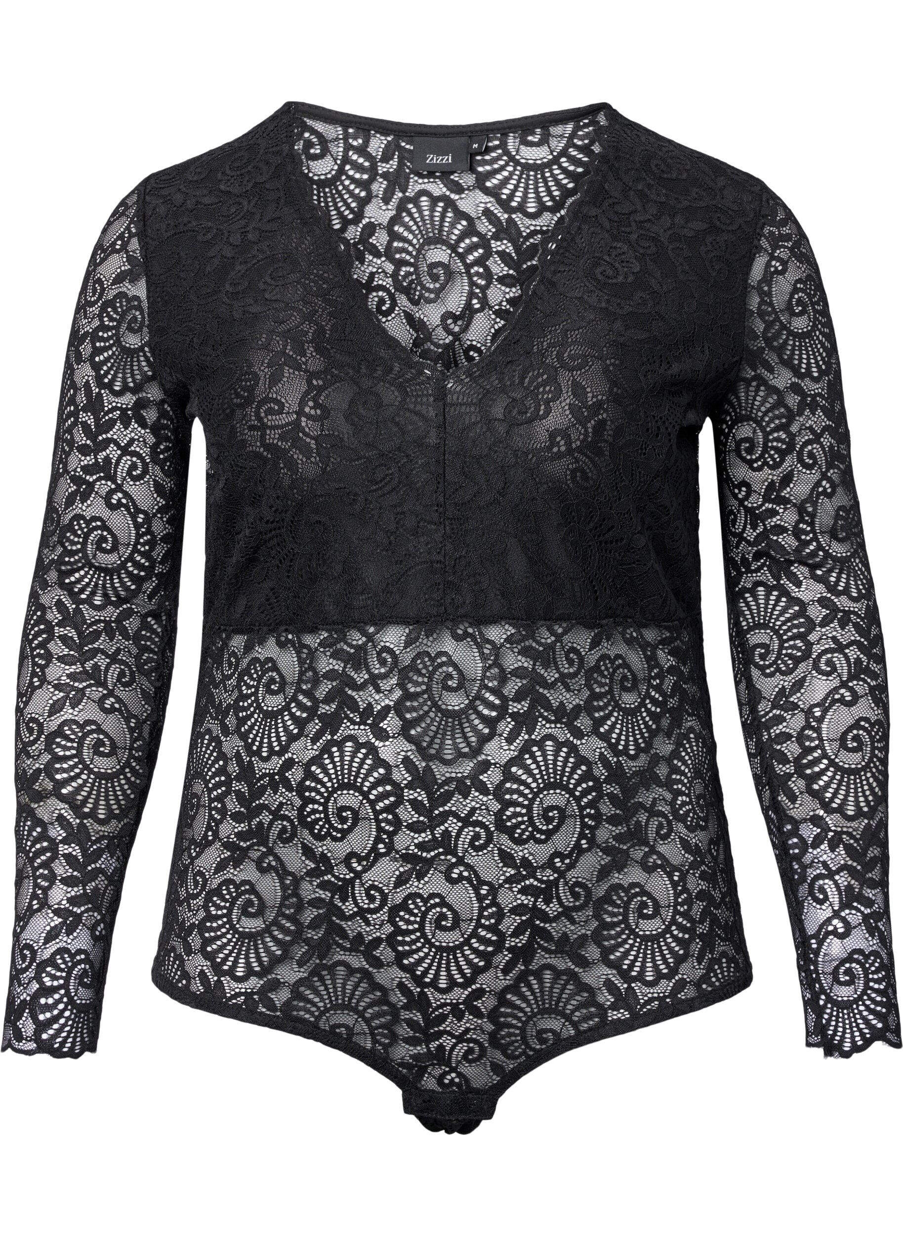 Zizzifashion Long-sleeved lace bodystocking with v-neck, Black, Packshot image number 0