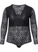 Long-sleeved lace bodystocking with v-neck, Black, Packshot image number 0