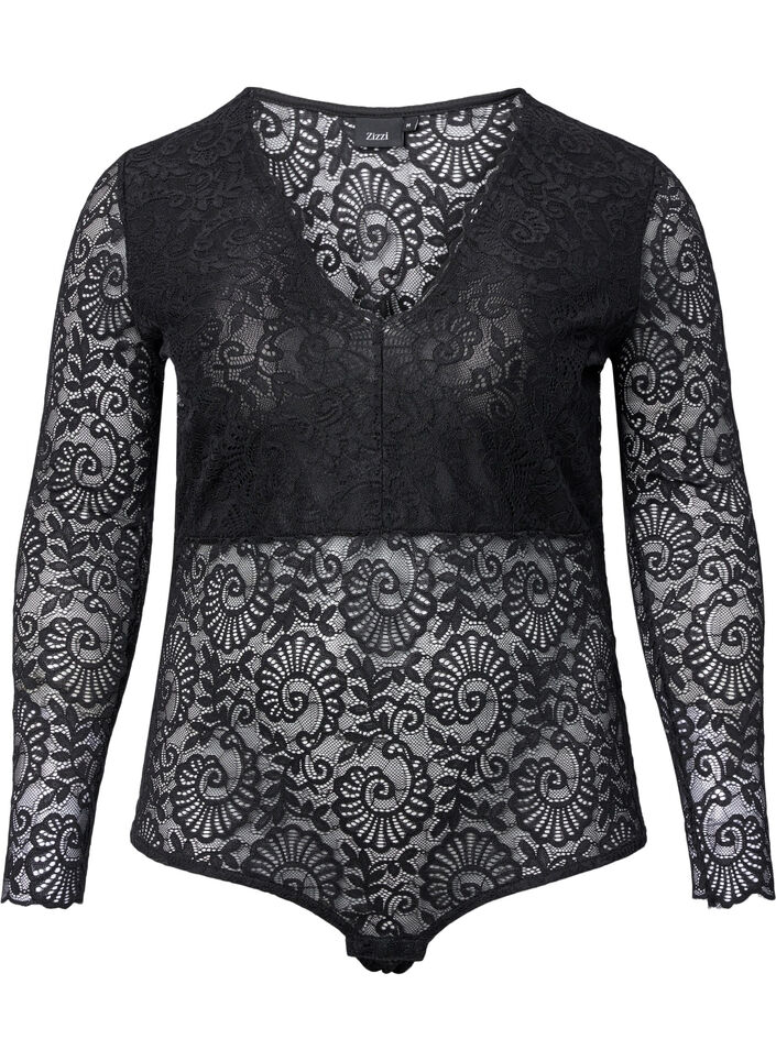 Long-sleeved lace bodystocking with v-neck, Black, Packshot image number 0