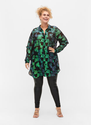 Long viscose shirt with lurex structure, Black W. Green Lurex, Model image number 3