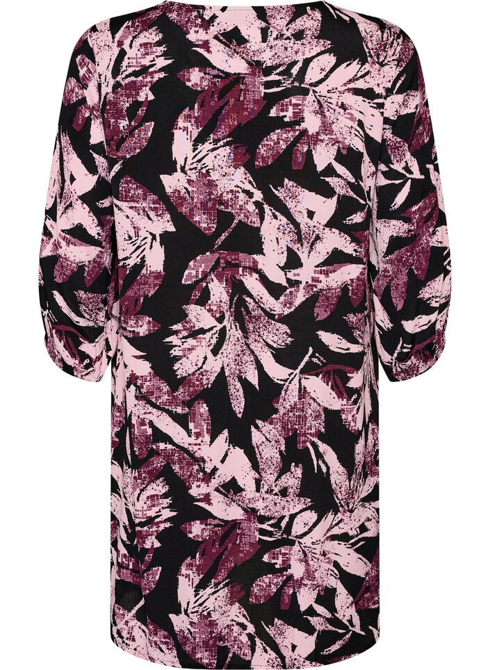 Short floral viscose dress with 3/4 sleeves, Black, Packshot image number 1
