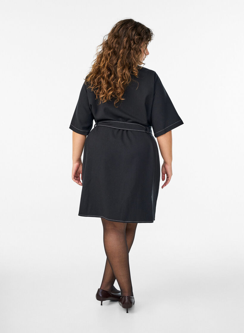 Short shirt dress with contrast stitching and tie belt, Black, Model image number 2