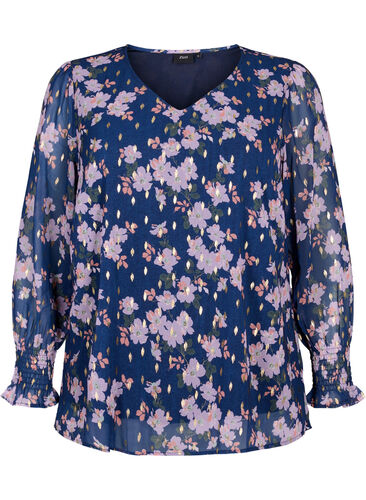 Floral blouse with long sleeves and v neck, Blue Small Fl. AOP, Packshot image number 0
