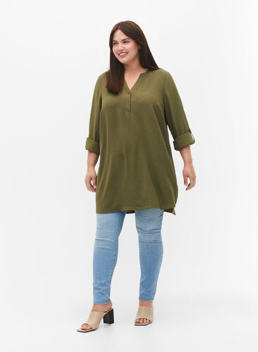 Solid color tunic with v-neck and buttons, Kalamata, Model image number 2