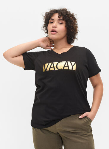 Cotton t-shirt with a v-neck, Black VACAY , Model image number 0