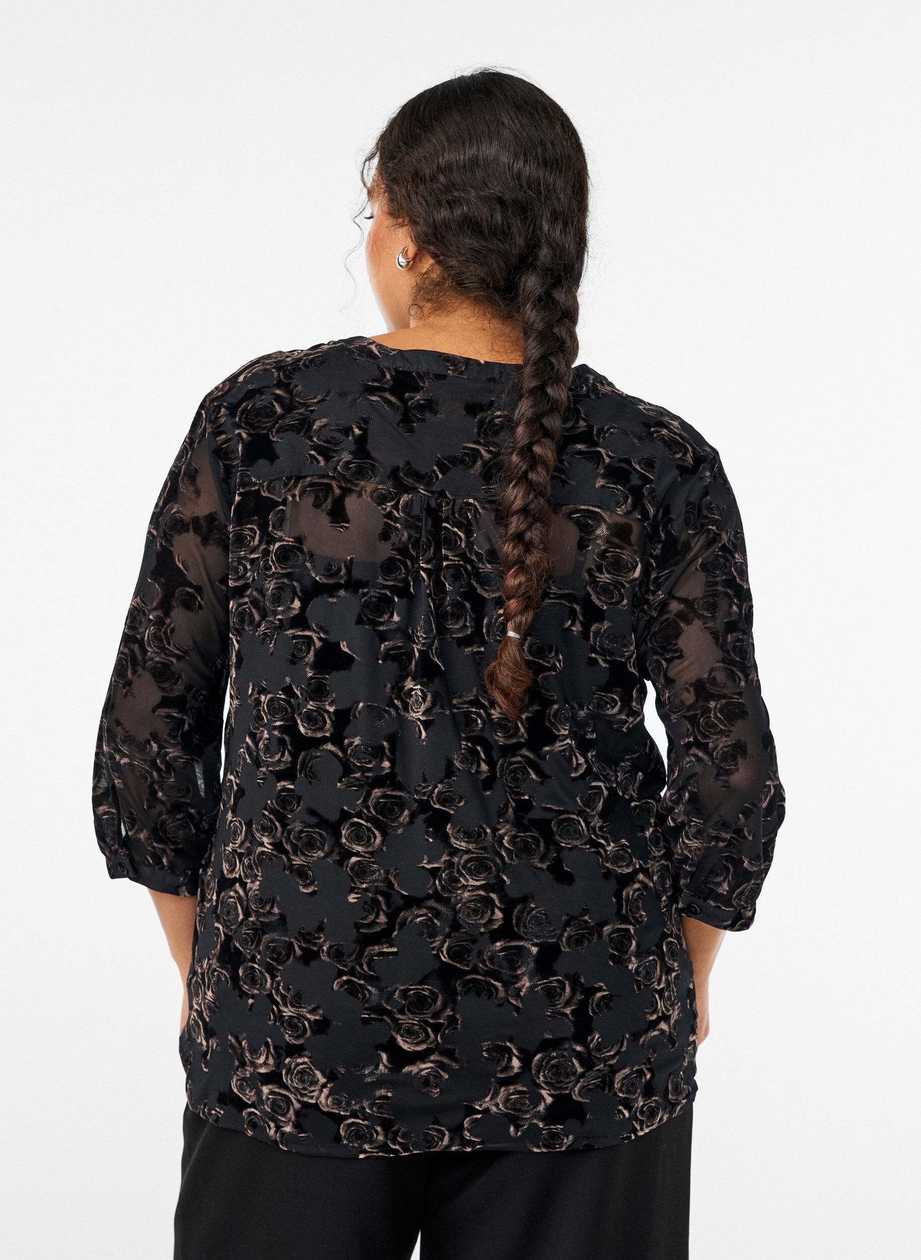 Zizzifashion Mesh blouse with velour roses and 3/4 sleeves, Black, Model image number 2