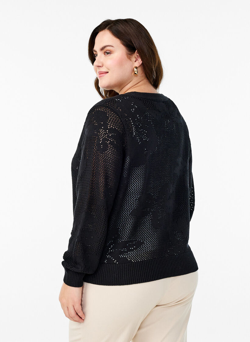 Knitted cardigan with openwork pattern and tie strings, Black, Model image number 1
