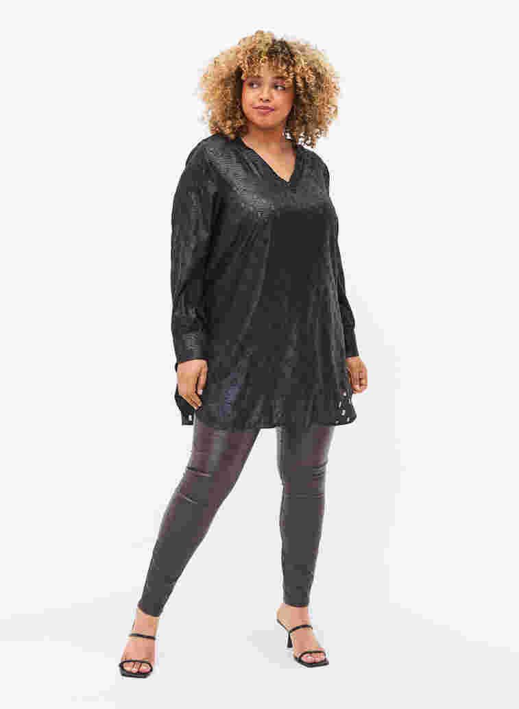 Textured tunic with long sleeves and v -neck, Black, Model image number 2