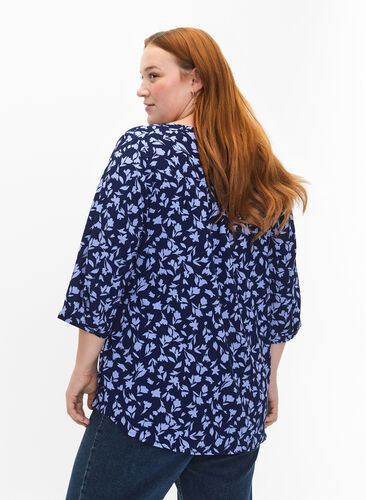 Floral blouse with 3/4 sleeves, M. Blue Flower AOP, Model image number 1
