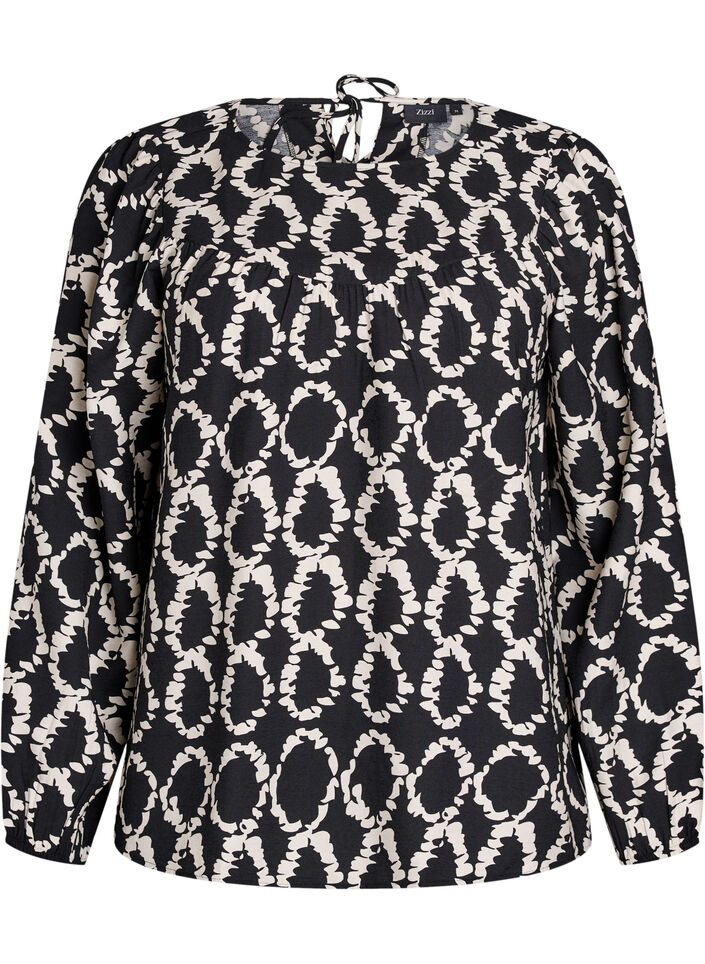 Long-sleeved blouse with print and bows, Black, Packshot image number 0