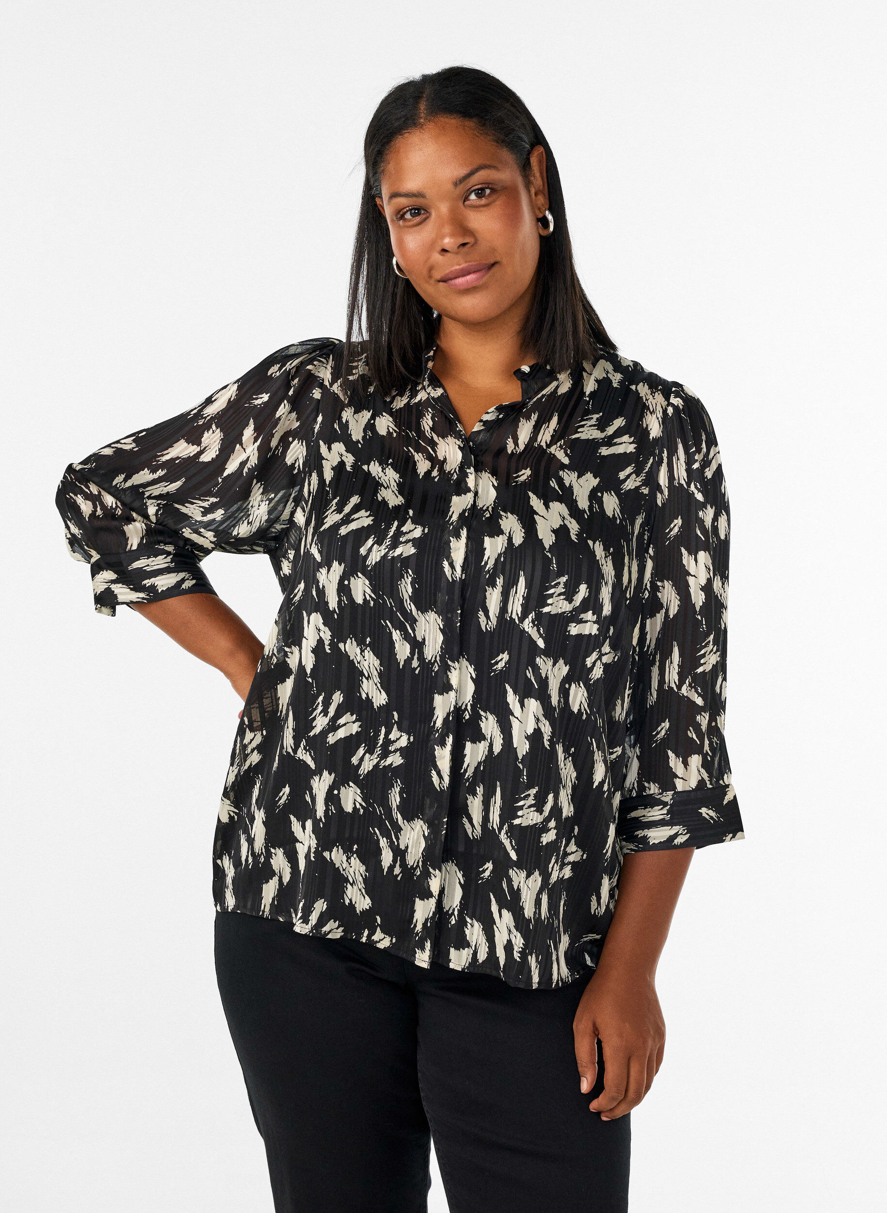 ZizzifashionPatterned shirt with a stand-up collar and 3/4-sleeves, Black, Model image number 0