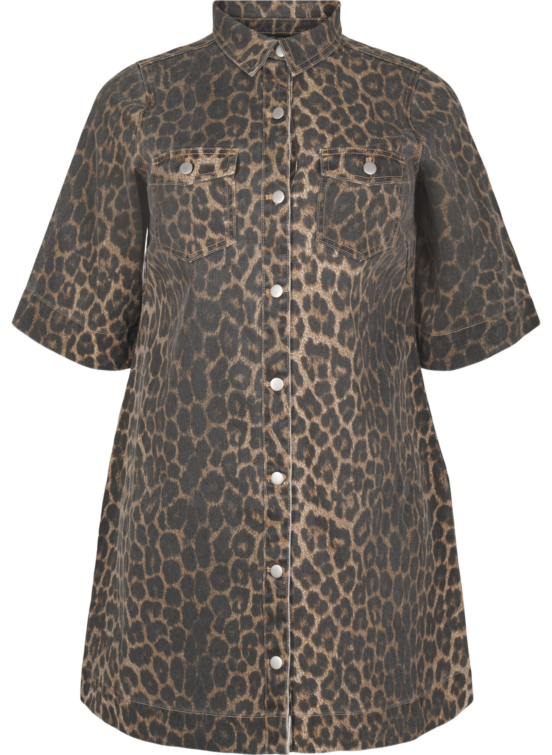 Zizzifashion Short-sleeved denim dress with leopard print, LEO AOP, Packshot image number 0