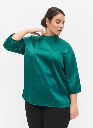 Blouse with 3/4 sleeves and chin collar, Evergreen, Model image number 0