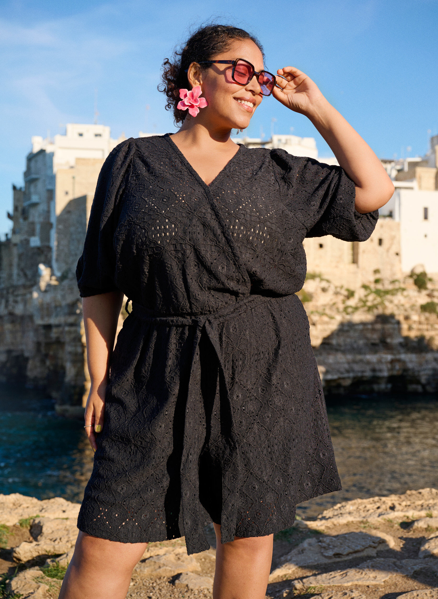 Zizzifashion Playsuit with short sleeves and tie, Black, Image image number 0