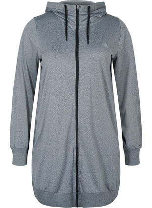Long hooded sports cardigan with pockets, Grey Melange, Packshot image number 0